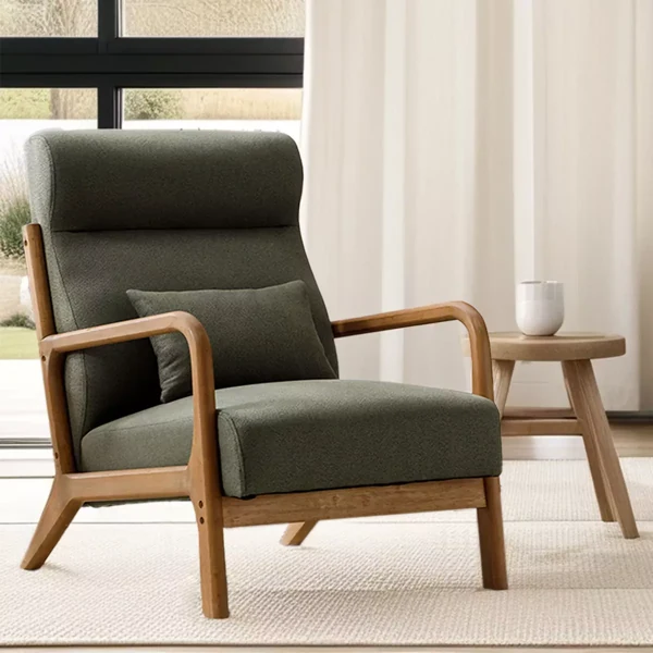 Forest green high-back chair with wooden frame