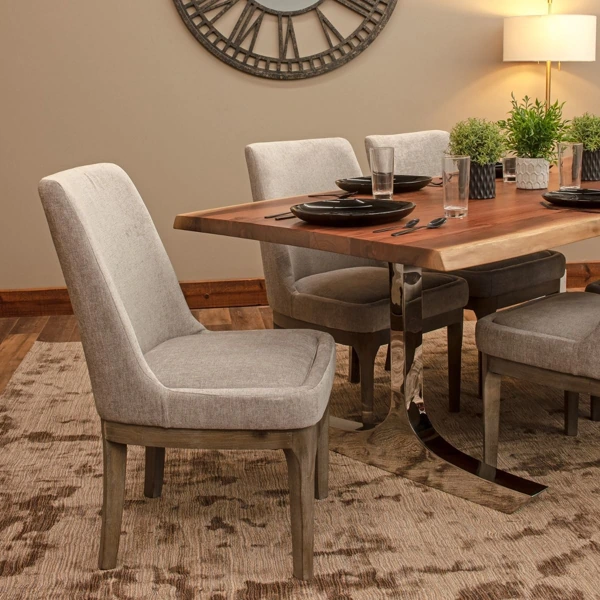 Live edge wood table with grey upholstered chairs