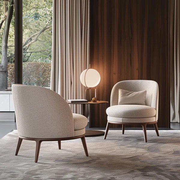 Modern curved beige chairs in a minimalist lounge