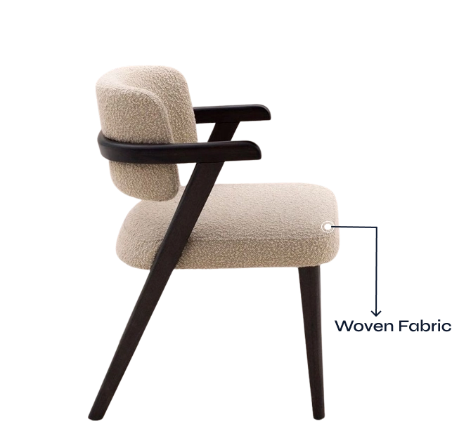 Modern woven fabric chair with dark wood frame