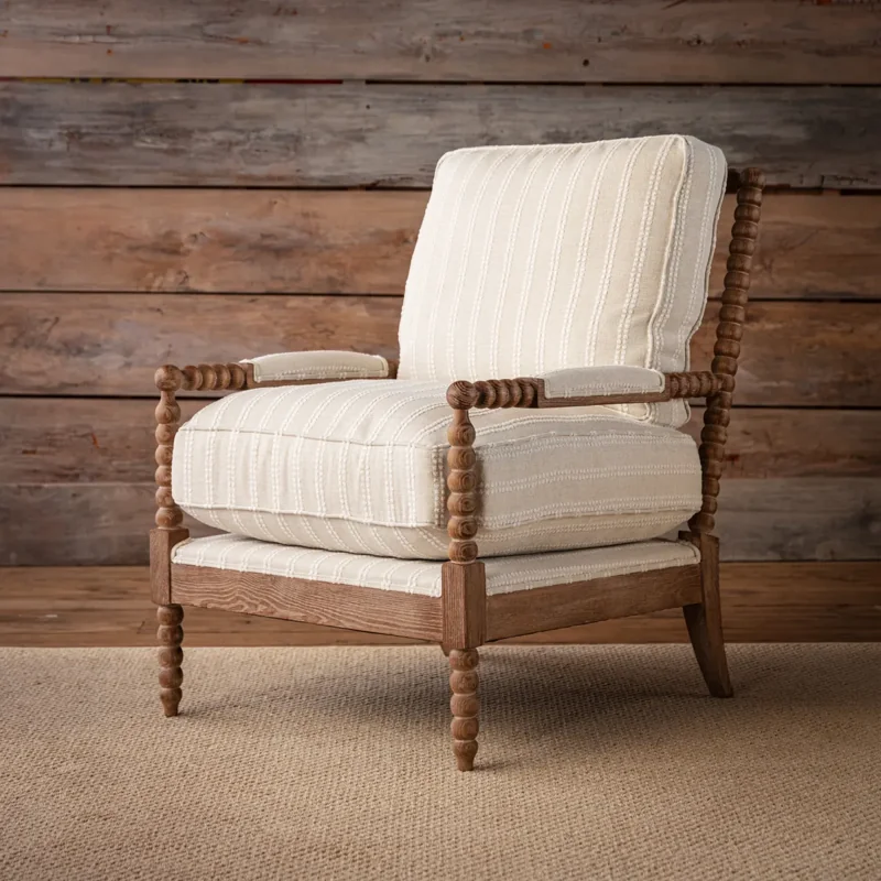 Spindle wood chair with cream striped cushions